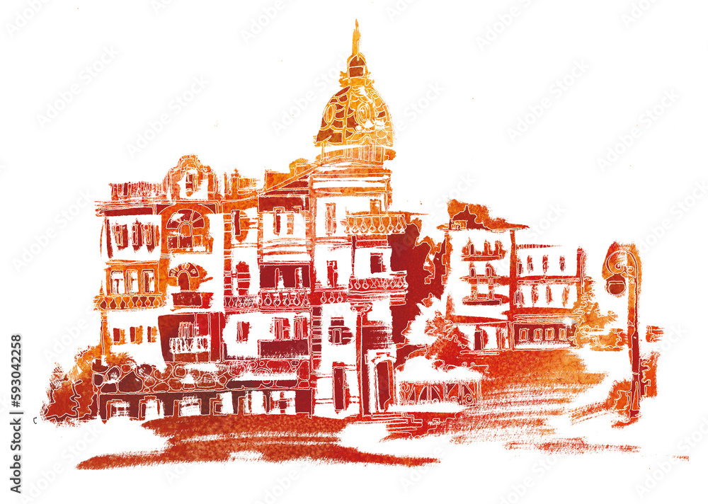 Obraz premium Old hotel building with a tower in a park with a lantern in hot colors. Illustration for design, print on T-shirt, booklets, postcards