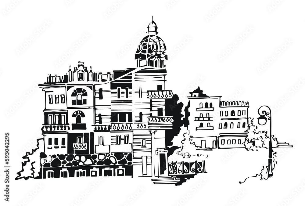 Black and white graphic illustration of a building with a small tower, a hotel, a house and a lantern in the background. Illustration for design, print on T-shirt, booklets, postcards