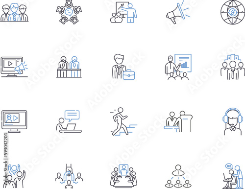 Public relations agency outline icons collection. Public, Relations, Agency, PR, PR Agency, Communications, Branding vector and illustration concept set. Promotion, Strategy, Media linear signs