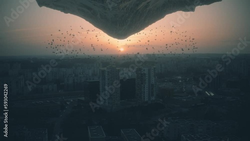 Mountain over residential highrise district, aerial view, asteroid field, concept of alien invasion, extraterrestrial, science fiction, meteor impact