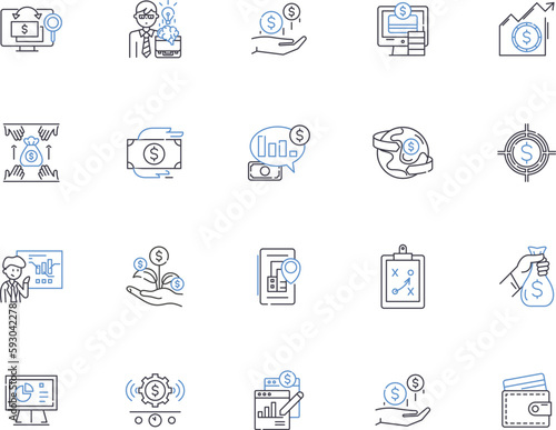 Finance, banking outline icons collection. Banking, Finance, Investment, Loans, Mortgage, Credit, Shares vector and illustration concept set. Equities, Budgeting, Taxation linear signs