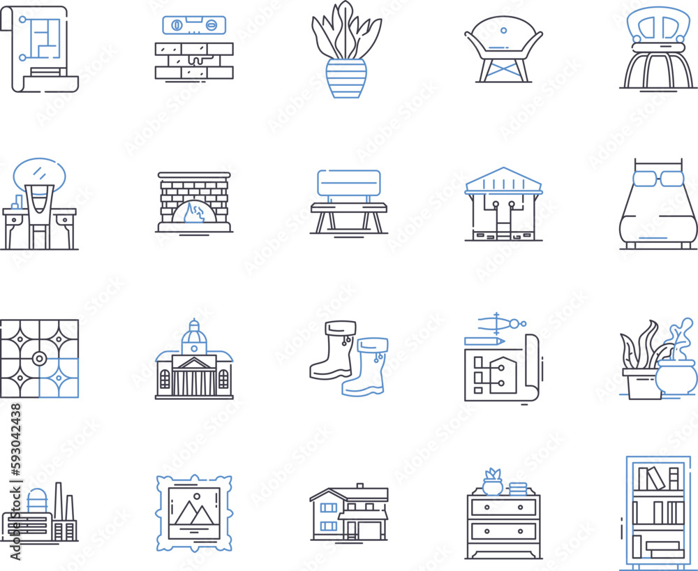 Fototapeta premium Home interior outline icons collection. Furnishings, Decor, Lighting, Paint, Sofas, Curtains, Carpets vector and illustration concept set. Chairs, Wallpaper, Mirrors linear signs