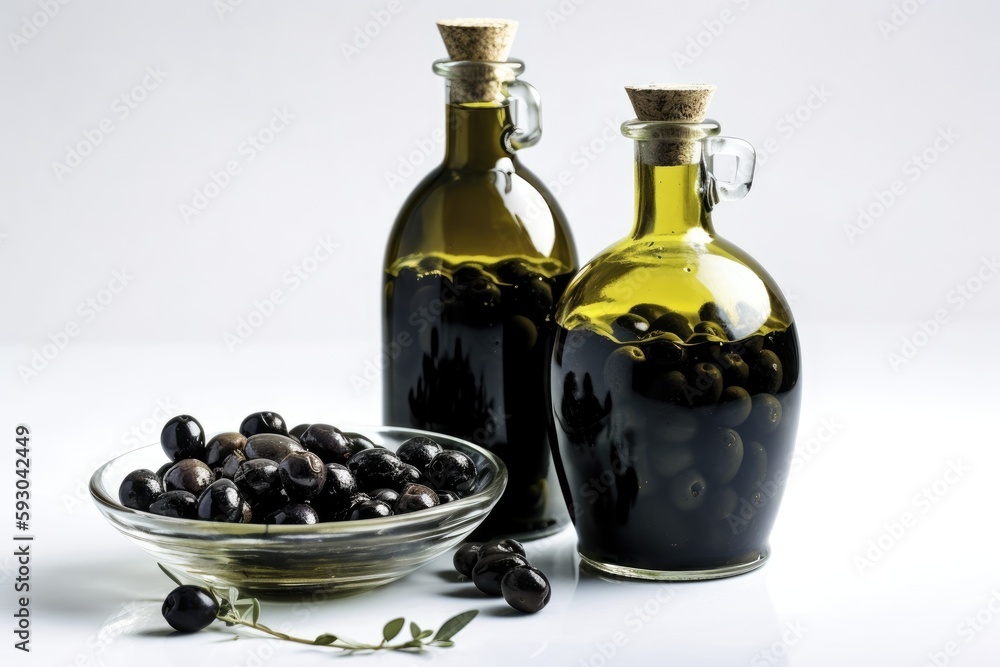 View of an olive oil and olives in a black-tinted glass container against a white backdrop. Generative AI View of an olive oil and olives in a black-tinted glass container against a white backdrop. Generative AI