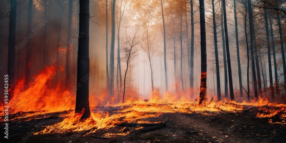 A burning forest, emphasizing the consequences of unchecked wildfires and climate change, concept of Environmental degradation, created with Generative AI technology A burning forest, emphasizing the consequences of unchecked wildfires and climate change, concept of Environmental degradation, created with Generative AI technology