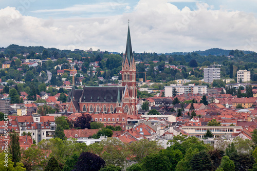 Aerial view of the Church of the Sacred Heart of Jesus in Graz