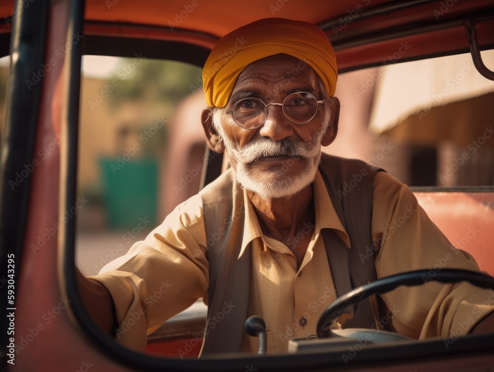 Mature Indian man inside a traditional  Tuc Tuc bike. Ai Generative.