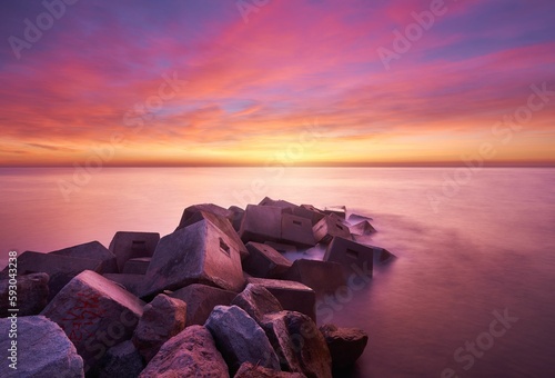 Quadro em tela Dramatic shot of rocks by the sea at a pinky sunset