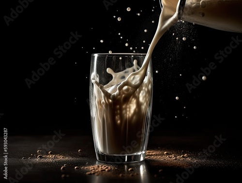 Milkshake with chocolate spalshing in a glass, on black background. Ai Generative. photo