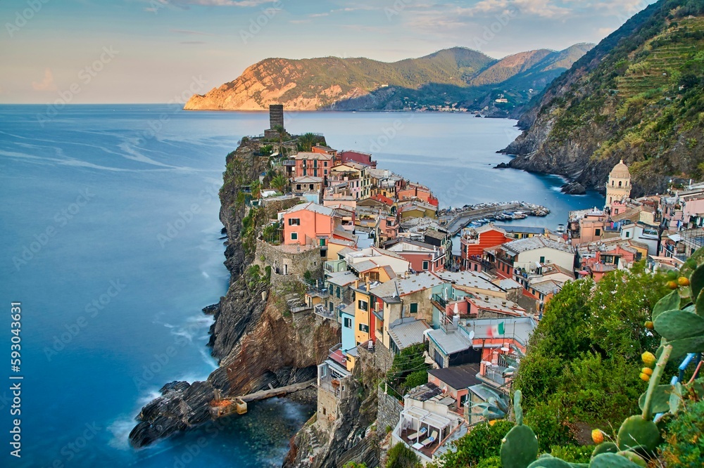 Colorful building of the Vernazza town in Cinque Terre Italy surrounded by the calm sea