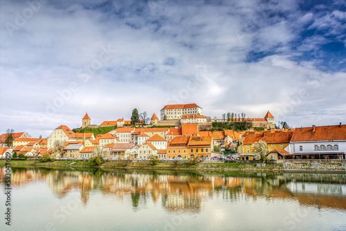 Panorama cityscape view at Ptuj and the river Drava in April, early spring. Ptuj is the oldest town of slovenia