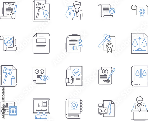 Law outline icons collection. Lawyer, Attorney, Judgement, Regulations, Punishment, Litigation, Contract vector and illustration concept set. Appeal, Dispute, Rights linear signs