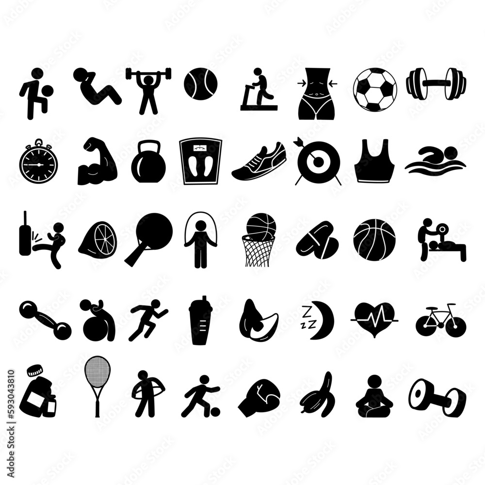 Set of 40 Black Sports Icons. Sports Vector for Web Design. Fitness Logo