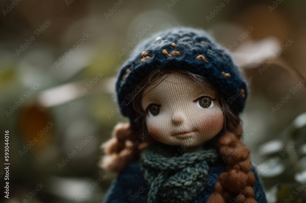 small cloth doll with long brown heads and blue knitted cap created with Generative AI technology small cloth doll with long brown heads and blue knitted cap created with Generative AI technology