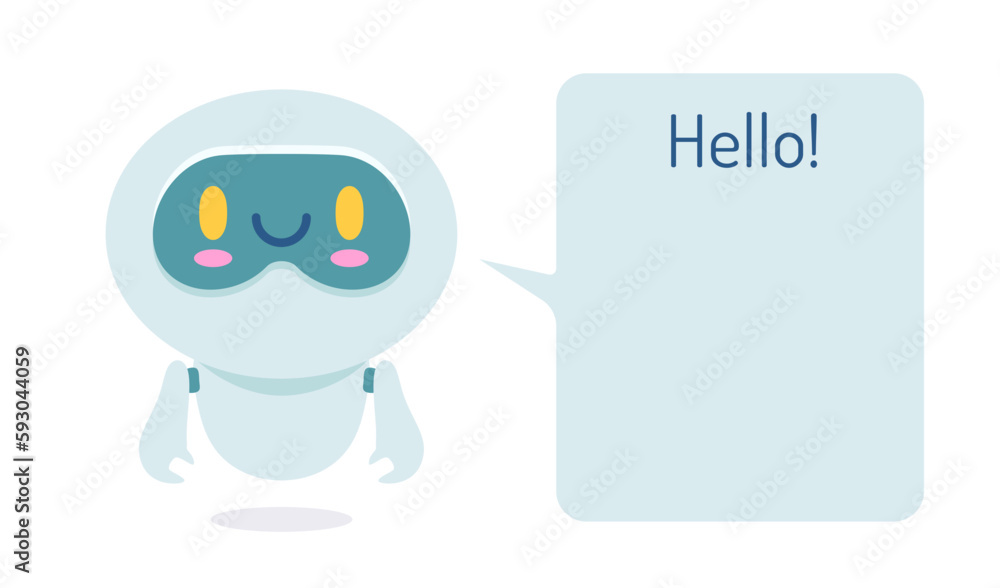 Vector illustration of a cute robot with a speech bubble. Vector icon for chatbot with message in flat style.