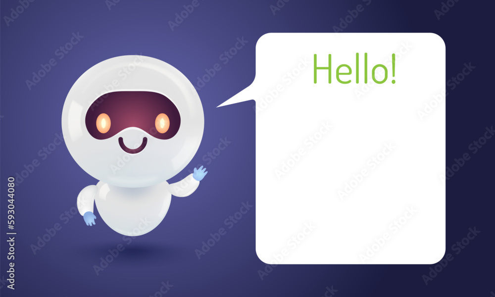 Vector illustration of a cute robot with a speech bubble. Vector icon for chatbot with message in realistic style. Vector illustration of a cute robot with a speech bubble. Vector icon for chatbot with message in realistic style.