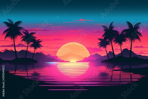 Retro futuristic synthwave retrowave styled night cityscape with sunset on background. Cover or banner template for retro wave music. Art illustration. Generative ai. © ckybe