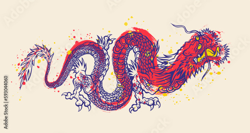 Vector illustration of a Chinese dragon. Tattoo of asian dragon on vintage background.