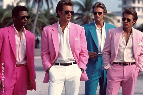 Group of retro wave vice Miami fashioned men in sunglasses. Sunset scene in Miami of 80's. Synth wave. Nostalgia Fashion Look Book. Generative ai. photo