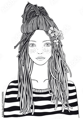 Cool yong girl in a striped sweater. Adult Coloring book page. Firs. Black and white. Black and white vector.