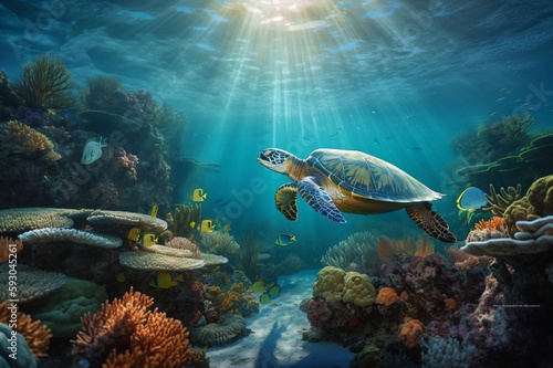 sea turtle swimming through a colorful coral reef with different fishes created with Generative AI technology