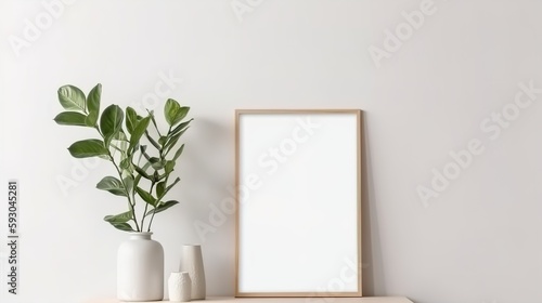 Rectangular vertical frame mockup in scandinavian style interior and green plant on empty neutral white wall background.AI generated