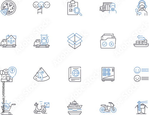 Warehouse management outline icons collection. Warehousing, Inventory, Logistics, Dispatch, Automation, Ergonomics, Processes vector and illustration concept set. Fleet, Delivery, Compliance linear