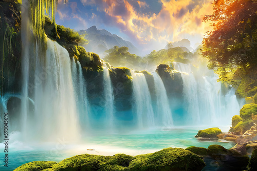 Waterfall beautiful landscape, 3d illustration. Generative Ai.