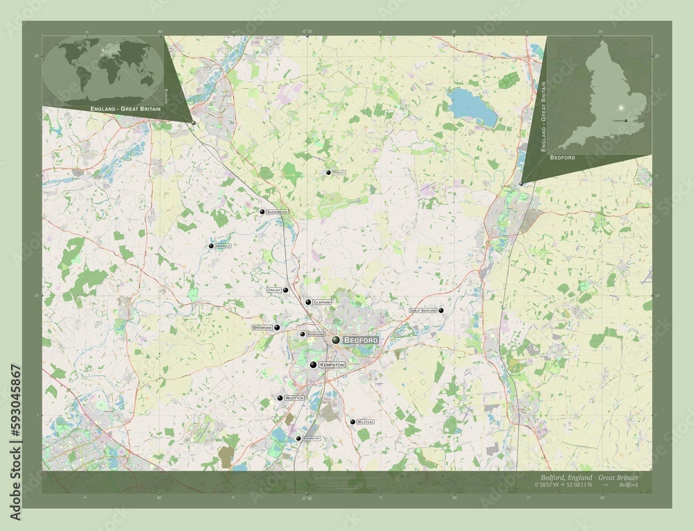 Fototapeta premium Bedford, England - Great Britain. OSM. Labelled points of cities