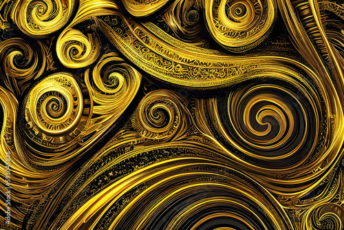 Abstract gold background, fantastic golden metal spiral pattern wallpaper. Generative Ai.