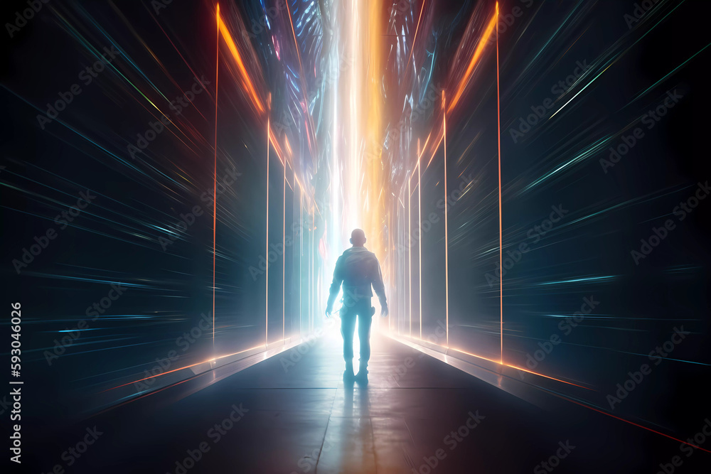 A futuristic image of a person from behind entering a vortex portal or energy portal or merging with artificial intelligence or entering into contact with a pulsating extraterrestrial light