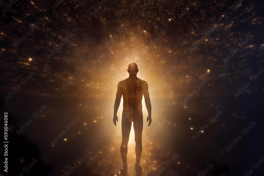 A futuristic image of a person from behind entering a vortex portal or energy portal or merging with artificial intelligence or entering into contact with a pulsating extraterrestrial light A futuristic image of a person from behind entering a vortex portal or energy portal or merging with artificial intelligence or entering into contact with a pulsating extraterrestrial light