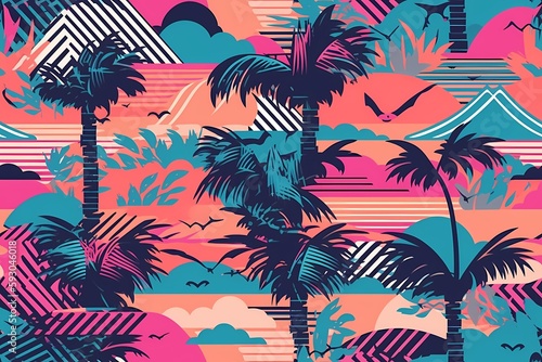 Retrowave exotic leaves summer funky shirt seamless pattern. 80s 90s pop art memphis style. Miami or Hawaii style. Expressive ornament for textile, wrapping. Generative ai. photo