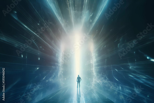 A futuristic image of a person from behind entering a vortex portal or energy portal or merging with artificial intelligence or entering into contact with a pulsating extraterrestrial light © Emmanuel