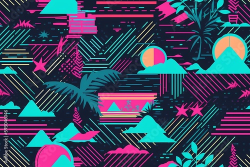 Retrowave exotic leaves summer funky shirt seamless pattern. 80s 90s pop art memphis style. Miami or Hawaii style. Expressive ornament for textile, wrapping. Generative ai.