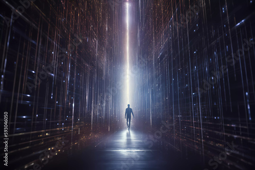 A futuristic image of a person from behind entering a vortex portal or energy portal or merging with artificial intelligence or entering into contact with a pulsating extraterrestrial light