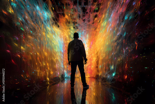 A futuristic image of a person from behind entering a vortex portal or energy portal or merging with artificial intelligence or entering into contact with a pulsating extraterrestrial light