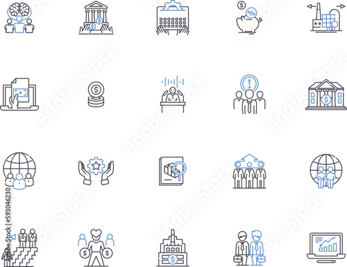 Global business outline icons collection. International, Commerce, Management, Economy, Intercontinental, Investment, Transnational vector and illustration concept set. Trade, Strategies, Cross-border