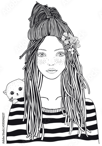 Cool yong girl in a striped sweater and cute cat. Adult Coloring book page. Firs. Black and white. Black and white vector.