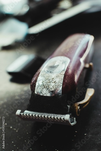Closeup of a mechanical razor at a barbershop