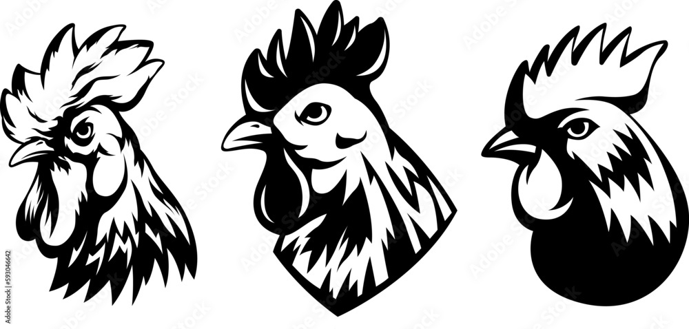 Head of rooster set. Cock abstract character illustration. Graphic logo designs template for emblem. Image of portrait for company use. Head of rooster set. Cock abstract character illustration. Graphic logo designs template for emblem. Image of portrait for company use.