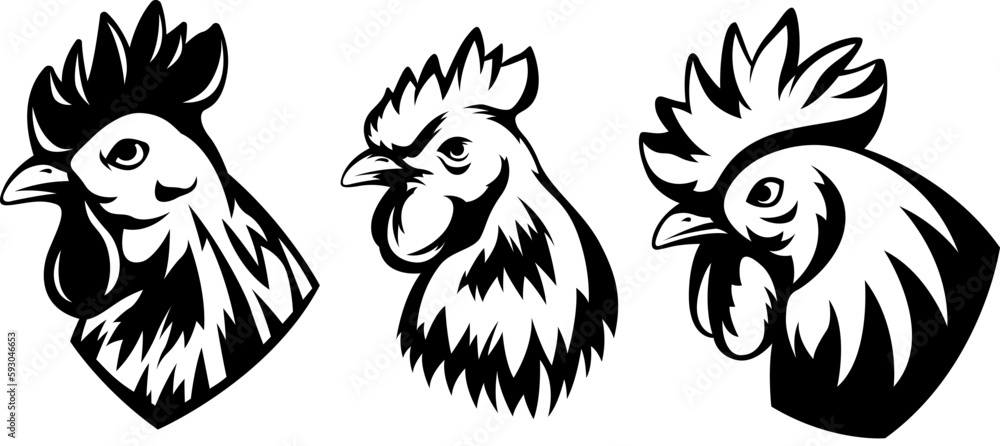 Head of rooster set. Cock abstract character illustration. Graphic logo designs template for emblem. Image of portrait for company use. Head of rooster set. Cock abstract character illustration. Graphic logo designs template for emblem. Image of portrait for company use.