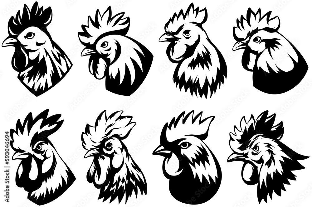 Head of rooster set. Cock abstract character illustration. Graphic logo designs template for emblem. Image of portrait for company use. Head of rooster set. Cock abstract character illustration. Graphic logo designs template for emblem. Image of portrait for company use.