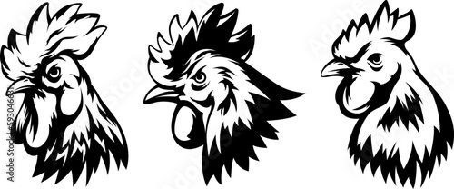 Head of rooster set. Cock abstract character illustration. Graphic logo designs template for emblem. Image of portrait for company use.