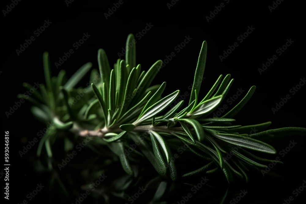 Fresh rosemary herb leaves isolated on the black background. Generative AI Fresh rosemary herb leaves isolated on the black background. Generative AI