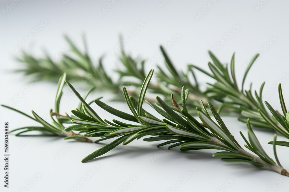 Fototapeta premium Fresh rosemary herb leaves isolated on the white background. Generative AI