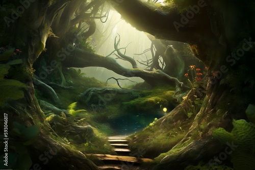 Fantasy forest landscape. Life in the magical woods. Illustration