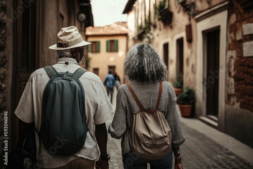 Senior couple with gray hair traveling Italy. They are walking exploring Italian cities during the summer. Created with generative AI