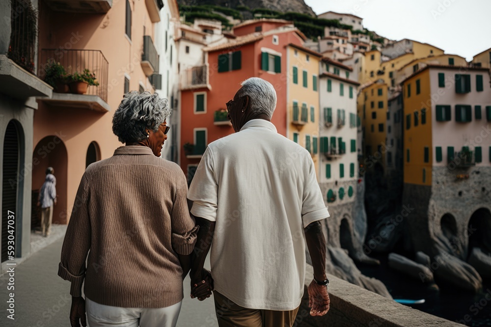 Senior couple with gray hair traveling Italy. They are walking exploring Italian cities during the summer. Created with generative AI