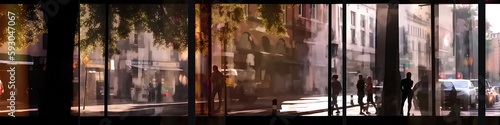 summer street ,car traffic people walking on street sun flares ,view from window on city urban lifestyle banner,generated ai