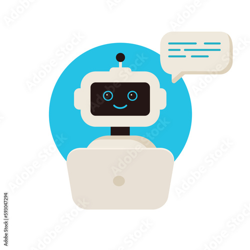 Vector illustration of a chatbot with a laptop. Chatbot cartoon character flat style. Support service, customer assistance. Сhatbot answers the questions